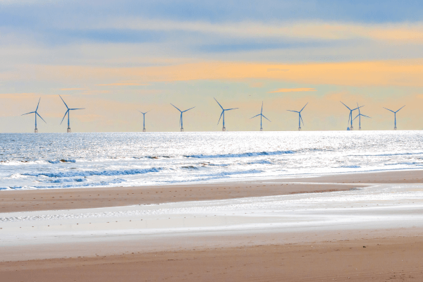 An offshore windfarm seen from a beach