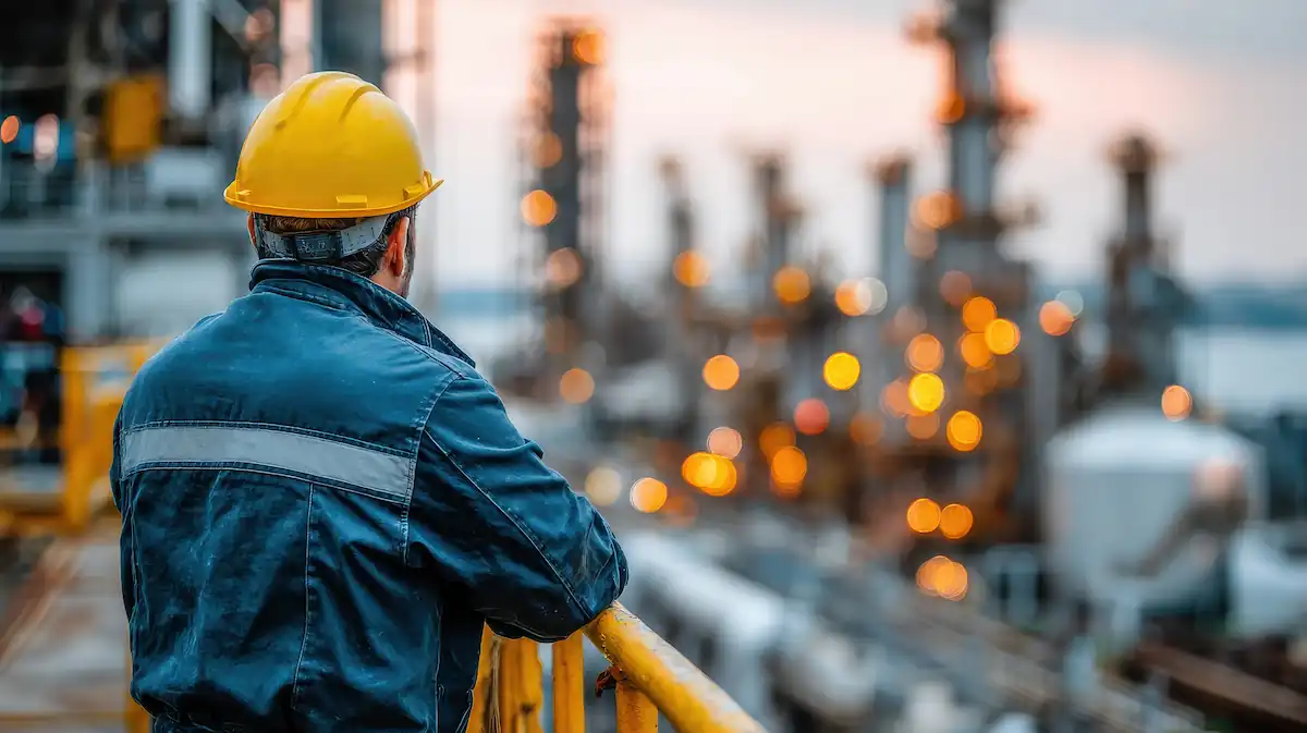 Refinery worker inspecting plant equipment